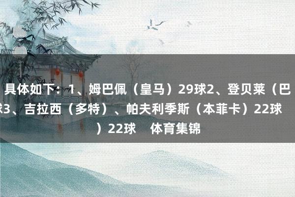 具体如下：1、姆巴佩（皇马）29球2、登贝莱（巴黎）25球3、吉拉西（多特）、帕夫利季斯（本菲卡）22球    体育集锦